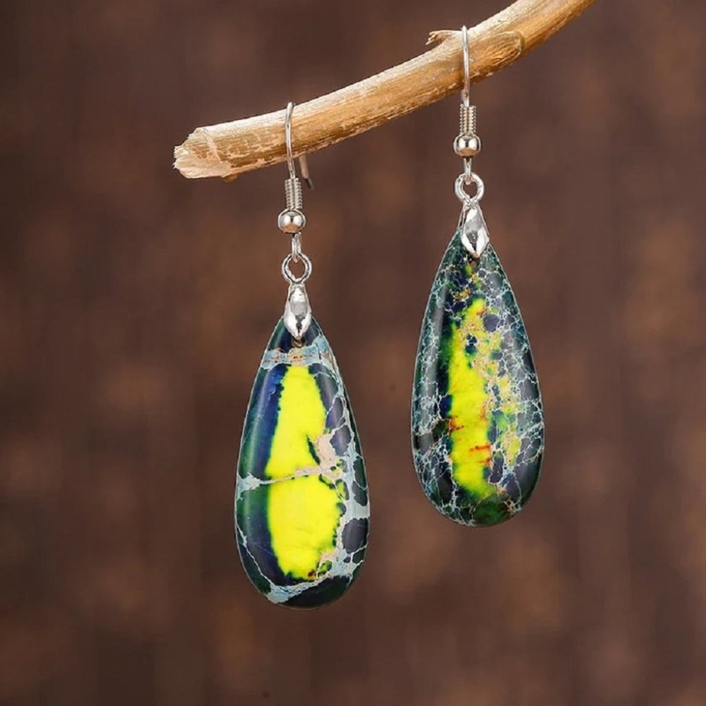 Natural Green Sea Sediment Jasper Teardrop Earrings for Meditation Protection